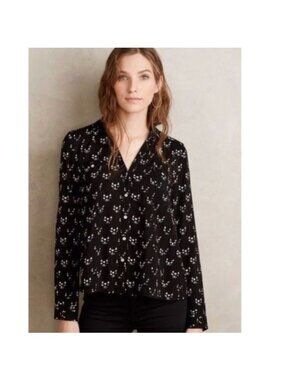 Anthropologie Maeve Clever Cat Print Button-Down Shirt Black Long Sleeve US 10